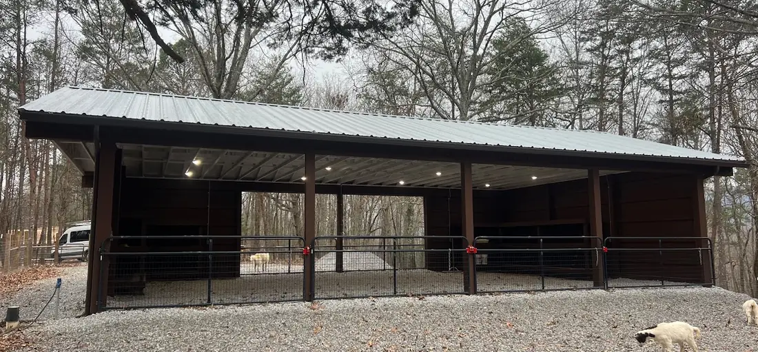 New pole barn with metal roof, wide shot