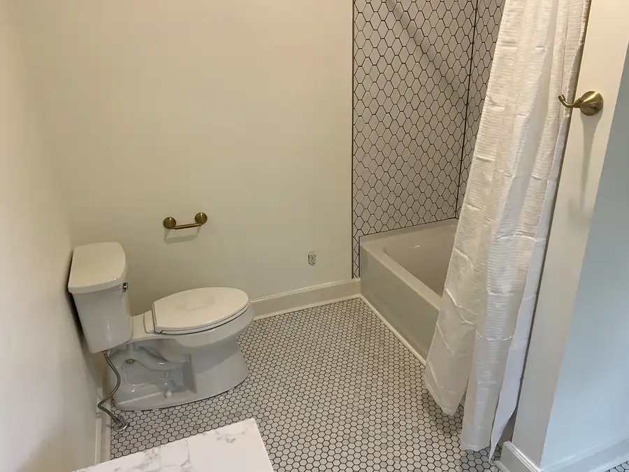Bathroom tub and toilet with hexagon tile floor