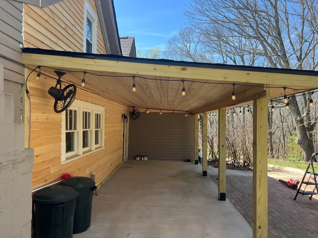 Covered patio roof with cedar ceiling